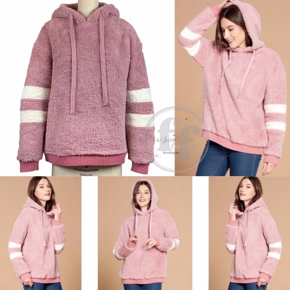 Sporty Varsity Stripe Pink Dusty Rose Fluffy Soft Teddy Hooded Sweatshirt Top - Picture 1 of 9